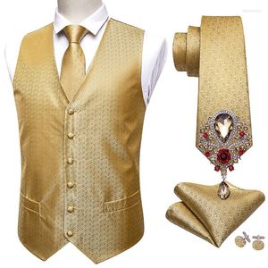 Mäns västar 5st Barry.Wang Design Guld Solid Wedding Vest For Men Pass Silk Slips Manschettknappar Broscher Set Formal Waistcoat