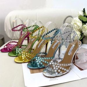 Aquazzura 럭셔리 여성 검투사 샌들 샌들 신발 10.5cm 데킬라 장식 가죽 끈 끈적 인 디자인 크리스탈 장식 결정 신부 드레스 웨딩 파티 크기 35-41