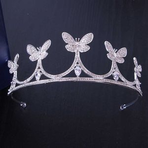 Tiaras Bride Headdress Rhinestone 지르콘 지르콘 버터 플라이 금속 크라운 크라운 퀸 티아라 파티 파티 웨딩 드레스 헤어 보석 소녀 Z0220