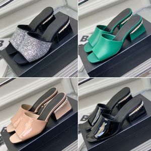 luxury Designer Mules slippers womens beach shoes fashion summer outdoor Chunky heel sandals pearl rhinestone square heels leather casual slide shoes 35-41