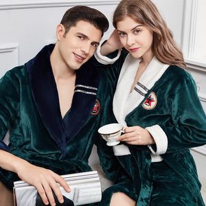 Women's Sleepwear Lovers Green Flannel Robe Winter Casual Warm Bathrobe Gown Couple Nightwear Coral Fleece Kimono Home Wear 4XL