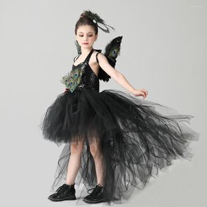 Girl Dresses Black Witch Girls Cosplay med Wings Set Vintage Peacock Tutu Dress for Children Halloween Födelsedagsfestkläder