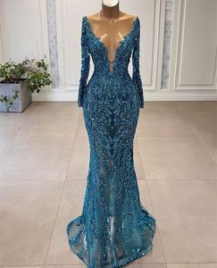 Elegant Mermaid Evening Dresses Long Sleeves Deep V Neck 3D Lace Sexy Beaded Appliques Sequins Hollow Floor Length Celebrity Formal Prom Dresses Gowns Party Dress