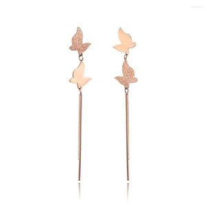 Stud Earrings Glossy & Matte Butterflies Tassel Asymmetrical Jewelry Stainless Steel Rose Gold Mother's Day JE18103