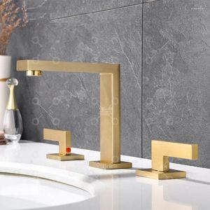 Bathroom Sink Faucets MTTUZK Deck Mounted Brushed Gold 3 Hole Basin Faucet Brass And Cold Water Holes Square Washbasin Mixer Tap