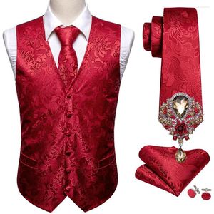 Men's Vests 5PCS Mens Silk Suit Vest V-Neck Red Floral Waistcoat Brooches Set Casual Formal Groomsman Jacket For Male Wedding Barry.Wang