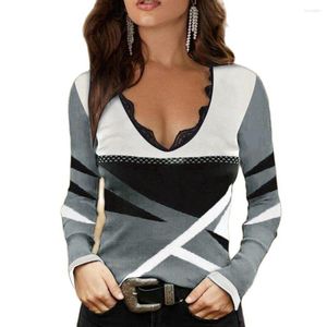 Women's T Shirts 2023 Spring Geometry Print Tops Women Casual Long Sleeve T-Shirt Lace V-Neck Fashion Design Tee Female Clothing