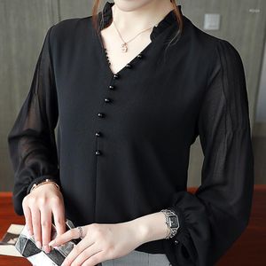 女性のブラウスBlusas Mujer de Moda 2023 Black Vintage Chiffon Blouse V-Neck Women Shird Korean Longeeve Woman Clothes Ladies Tops Femme