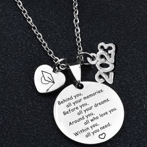 Pendant Necklaces 2023 Year Encourage Word Graduation Gift for Student School College Women Men Stainless Steel Letter Circle Chain