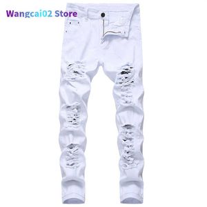 Men's Jeans Men Ripped Jeans White Red Black Stretch Slim Fit Spring Autumn Denim Pants Distressed Hip Hop Streetwear Biker Jeans Pants 022023H