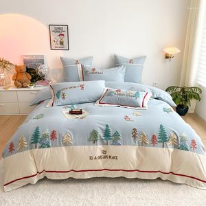 Sängkläder sätter nordisk stil 3D -tecknad mönster Flat ark uppsättning för barn rumsdekor bomullstyg broderi himmelblå sängöverdrag