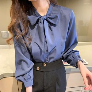 Bluzki damskie łuk biała bluzka kobiety 2023 Button biuro dama długie rękaw niebieskie szyfonowe koszulę jesienną wierzchołki ubrania kieszoneczne koszule damskie