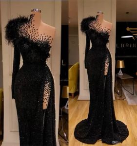 Chic Evening Dresses Glitter Sequins Feather Beads Ruffles Luxury Formal Prom Dress Custom Made Sweep Train Long Party Gown