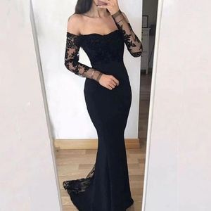 Sexig svart sjöjungfru prom klänningar långa ärmar från axel spets applikation älskling formell festklänningar kvinnor kväll specialtillfälle klänning