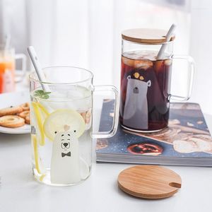 Wine Glasses Cartoon Bear Glass Cup Heat Resistant Milk Coffee With Bamboo Lid Juice Flower Teacup Home Large Capacity Drinking 550ml