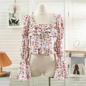 Damenblusen 2023 Frühling Sommer Mode Frauen Button-up Blumenbluse weiblich Langarm Rüschen Shirts Basic Tops Bottmings Mujer WZ2095