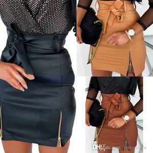 Women Clothing A-Line Skirts New Sexy Strap PU Leather Zipper Lace Up Hip Wrap Half Dresses