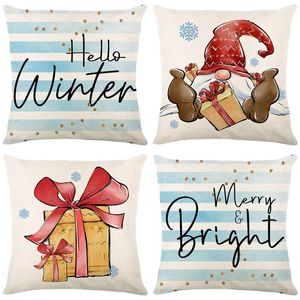 Kudde Cartoon Blue Christmas Pillow Case Gift Box Linen Cover For Car Soffa vardagsrum Dekoration