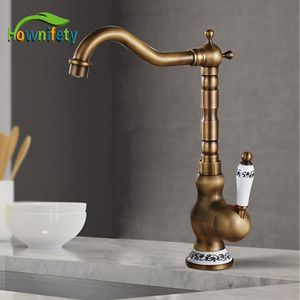 Kitchen Faucets Antique Brass Kitchen Faucet Cold Mixer Tap Single Hole Bathroom Faucet Rotatable crane Blue and white porcelain handle 230221