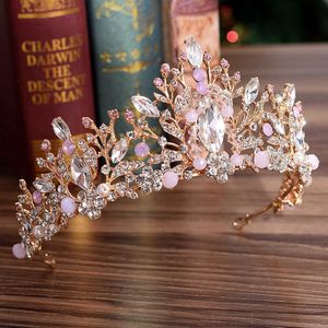 Tiaras handgjorda guldfärg kristallrosa brud prinsessa tiara krona för bröllop kvinnor brud smycken hårtillbehör ornament z0220