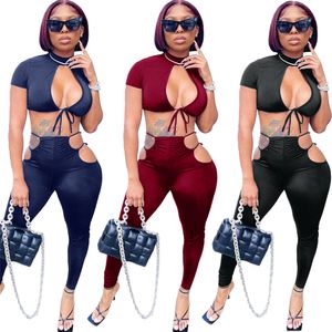 2023 Designer Summer Outfits Women Tracksuits Two Piece Sets Sexy Bandage Tank Crop Top and Pants Hollow out Clothes Casual Sportswear Wholesale items 9303