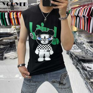 Mens T-Shirts Mens Vest New Design Trend Male Sleeveless Tshirt Summer Slim Causal Bear Print Rhinestone Tank Top Cotton Man Tees Clothing Z0221