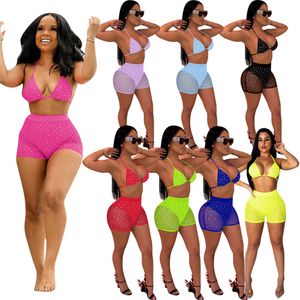 NEW Designer Two Piece Swimsuits Women Tracksuits Sequins Outfits Summer Sexy Halter Bra and Shorts Swimwear Female Mesh Bathing Suits Beachwear Wholesale 9306