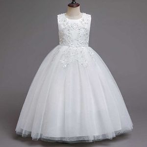 Flickans klänningar 2023 Flower Brodery White Kid Birthday Princess Party Dress for Girl Elegant Spets Children Bridesmaid Wedding Dress Prom Gown