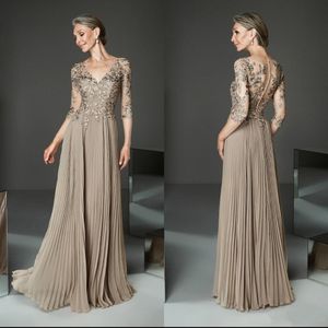 Casual klänningar Elegant Champagne Mor till brudspetsapplikationer Halva ärm Långt bröllopsfest Gästklänning Femme Robe de Soiree 230221