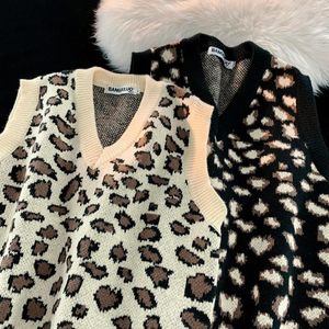 Herrtankstoppar faller 2023 American Streetwear Leopard Vest Sense of Hierchy Lazy Style Garn-färgade processstickade tröjor unisex