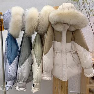 Women's Down FTLZZ Winter Large Real Fur Collar Hooded Light Feather Jacket Women Splicing Coat Fluffy Short Outwear Waist Retractable