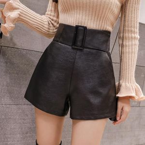 Shorts feminino PU de couro feminino com faixas cinturões alta cintura outono de inverno elástico babados calças curtas Lady Faux