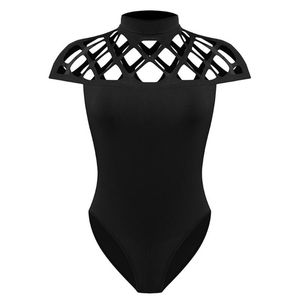 Women's Jumpsuits  Rompers Summer Bodysuit Women Sexy Bow Black Mock Neck Patchwork Long Sleeve Back Ladies Lace Mesh Transparent Tops #LR4