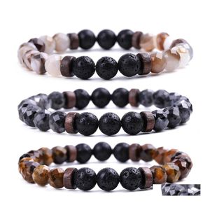 Bracelets de charme Moda Men Bracelete Facetada Pedra natural de madeira Molduras de 8 mm de tigre espectrolite Buda lava mi￧angas alongadas j dhexm