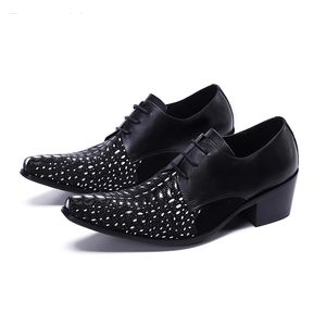 Rock High Heels Men's Shoes Pointed Toe Black Genuine Leather Dress Shoes Men Lace-up Formal Business, Party Footwear