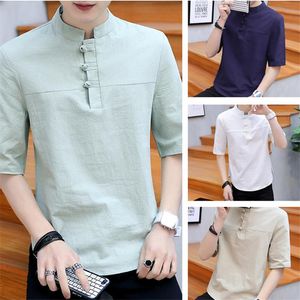 Men's T Shirts Summer Retro Chinese Style Cotton Linen Short-sleeved T-shirt Youth Daily Wear With Disc Button Stand Collar Casual