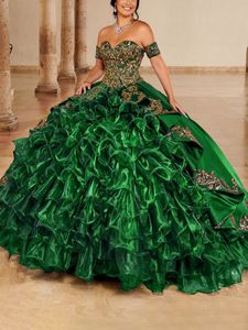 Emerald Green Princess Quinceanera Dresses Applique Lace-up corset Sweetheart off Shoulder Prom vestidos de quinceanera