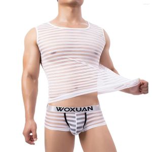 Herren Tank Tops Chiffon Mesh Herren Transparent Männer Sexy Fitness Bodybuilding Streifen Gay ärmellose Unterhemden/transparente Westen