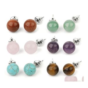 Stud 8mm 10mm Natural Stone White Green Turquoise Opal Pink Rose Quartz Amethyst Crystal Stones Druzy Studs ￶rh￤ngen smycken Baby Dr Dh64m