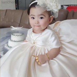 Girl's Dresses Baby Girl Princess Dress Satin Pearl Beads Child Vestido Party Wedding Pageant Birthday Baby Clothes Christmas Baptism Frocks W0221
