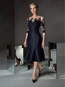 Blue Knee Length Mother of the Bride Dresses Lace Applique with Three Quarter Sleeves Wedding Guest Gowns