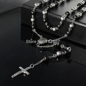 Collane con ciondolo 8mm Palla nera Acciaio inossidabile GESÙ Croce Collana rosario 30 '' 5.5 '' Per regali di NATALE