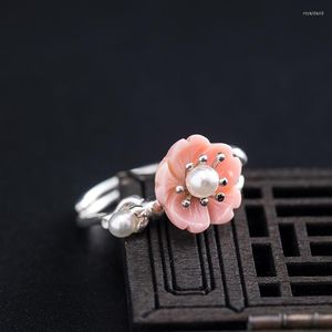 Pierścienie klastrowe Autentyczne 925 Sterling Silver Shell Pearl Cherry Blossoms Otwarte dla kobiet Wysokiej jakości ręcznie robioną biżuterię vintage