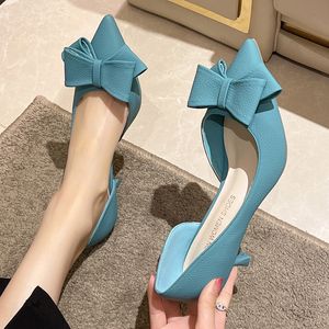 Dress Shoes Bowknit Thin Heels Pumps Women Blue Elegant SlipOn Party Woman Summer Pointed Toe Solid Color High 230220