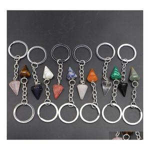 Nyckelringar Natural Stone Polyagonal Cone Column Women Crystal Rose Quartz Keychain On Bag Car Jewelry Party Friends Gift Mjfashion Dro Dhzre