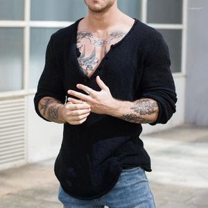 Men's T Shirts Fashion Men Solid Deep V-neck Knitted Pullover Spring 2023 Thin Man Tops Streetwear Casual Loose
