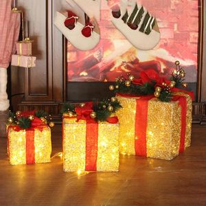 Christmas Decorations 3pcs Glowing Gifts Box With Light Iron Wire Made Luminous Present Boxes Case For Home Party Xmas Trees Decor Ornaments