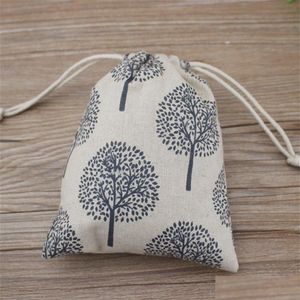 Torebki biżuterii Torby Happy Tree Printed Linen Prezent 9x12cm 10x15cm 13x17cm Pakiet 50 imprezowych cukierków Płynna worek dstring Bag2 dhepk