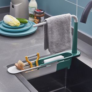 Dish Racks Telescopic Sink Shelf Kitchen Organizer Soap Sponge Holder Towel Hanger Drain Rack With Drainer Basket Gadgets 230221