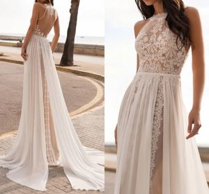 Beach Boho Wedding Dress Vestido De Noiva A-Line Sleeveless Halter Chiffon Lace Illusion Back Women Bridal Party Gown Robe De Mariage 2023 Sexy